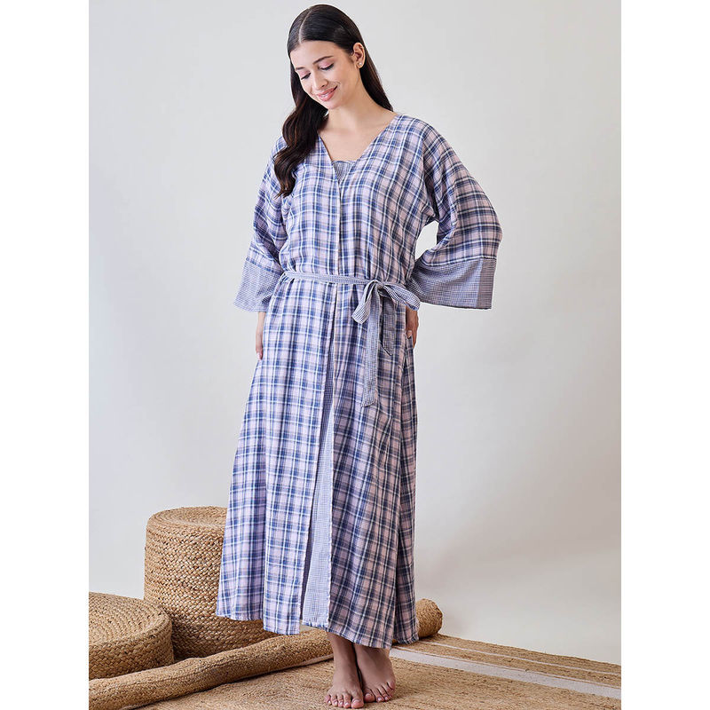 The Kaftan Company Multicoloured Cotton Gingham Night Gown with Belt and Slip (Set of 3) (2XL)