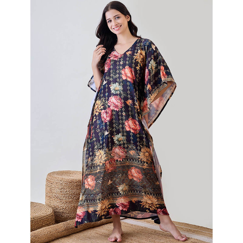 The Kaftan Company Black Floral Garden Velvet Night Wear Kaftan (S)