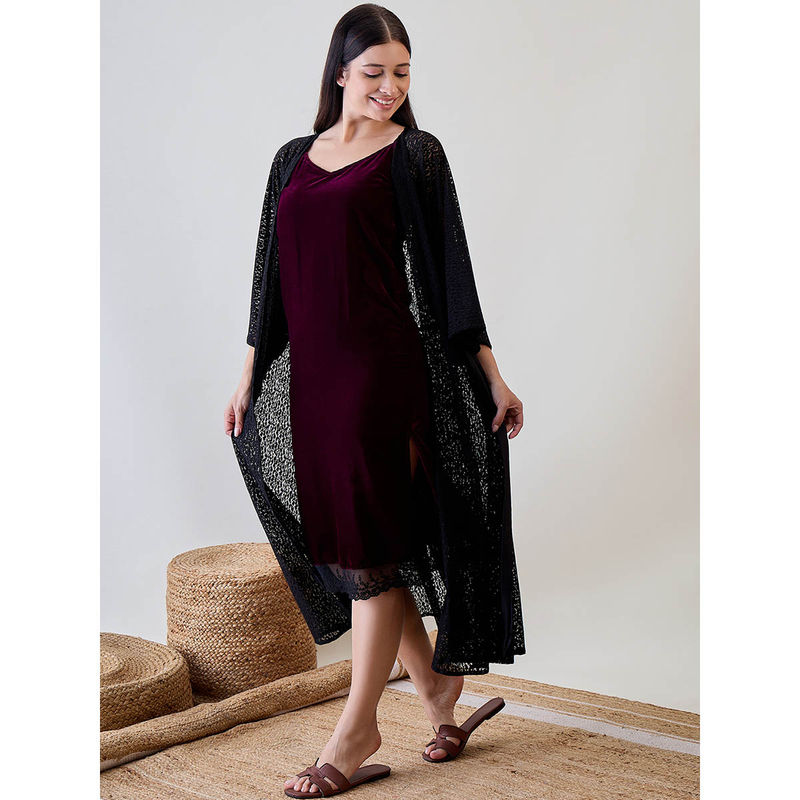 The Kaftan Company Black Delicate Lace Gown with Burgundy Velvet Slip (M)