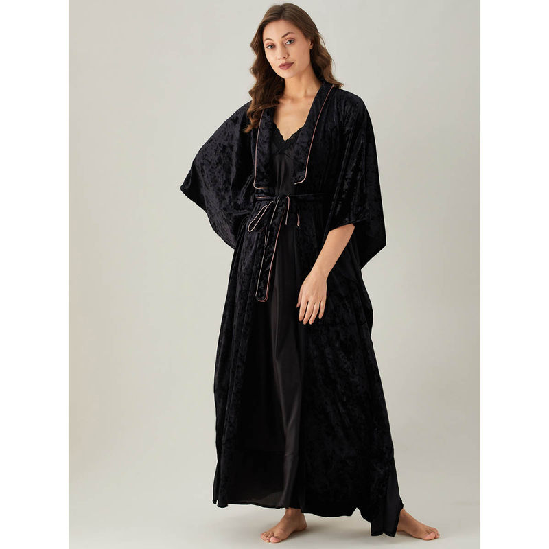 The Kaftan Company Black Solid Comfy Velvet Kaftan Coverup (M)