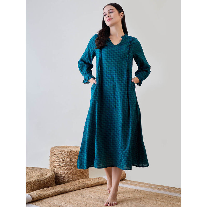 The Kaftan Company Blue Zig Zag Printed Cotton Night Dress (S)