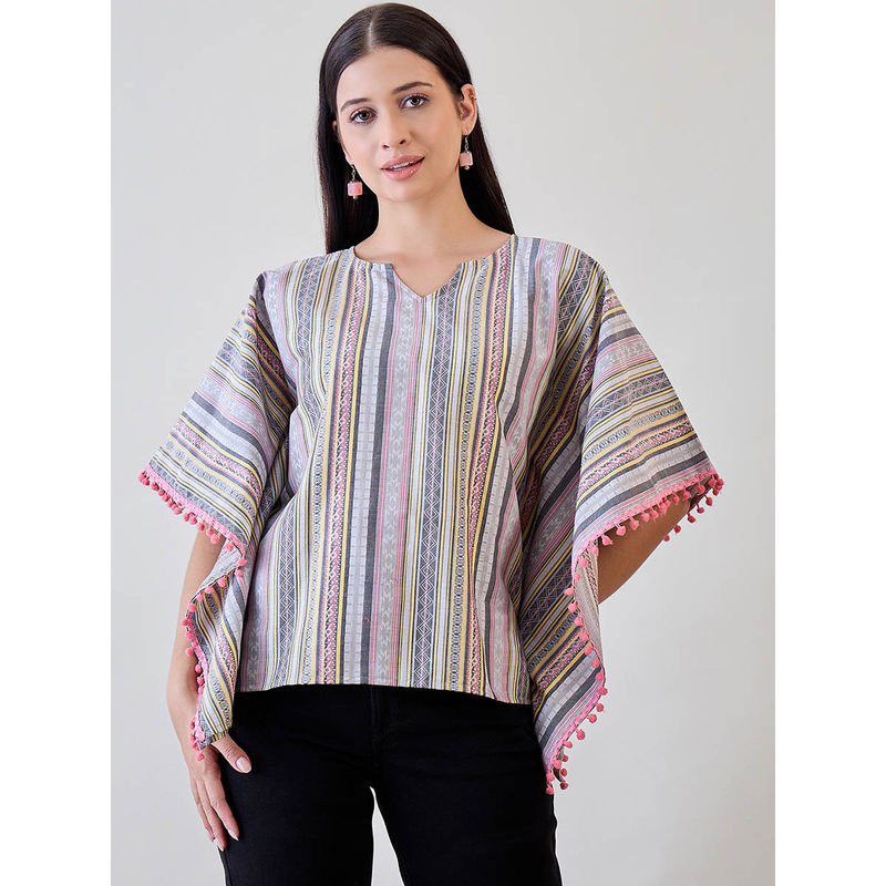 The Kaftan Company Striped Cotton Pink Tasseled Pom Pom Kaftan (S)