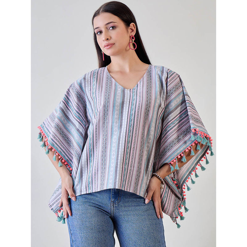 The Kaftan Company Multicoloured Decorative Striped Pom Pom Lace Embellished Cotton Kaftan Top (S)