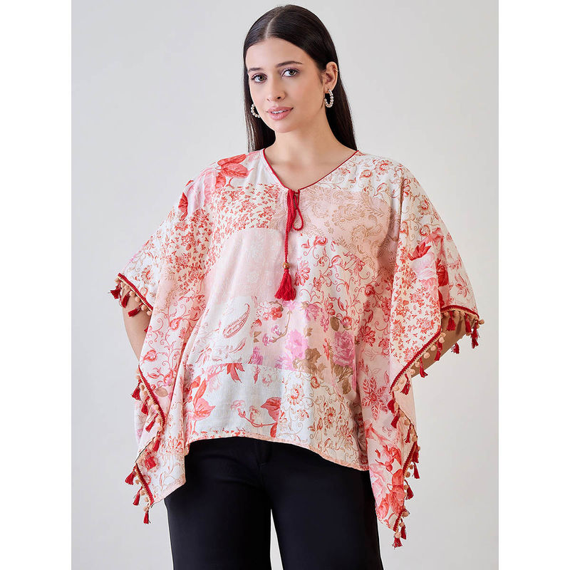 The Kaftan Company Beige and Red Pom Pom Lace Embellished Cotton Kaftan Top (S)