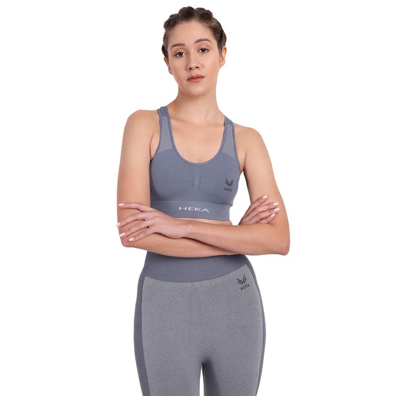 Heka Seamless Sports-Bra Breathable and Dry-Tech U-Neck Seamless Padded Grey Sports Bra (S)