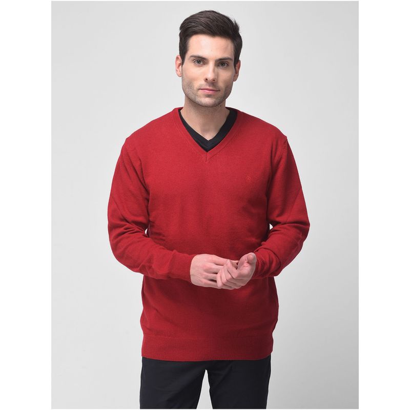 WOODLAND Mens Solid Full Sleeves Red Sweater (L)