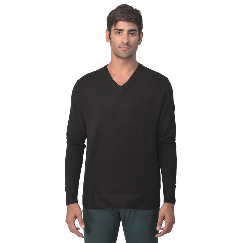WOODLAND Mens Solid Full Sleeves Black Sweater (L)
