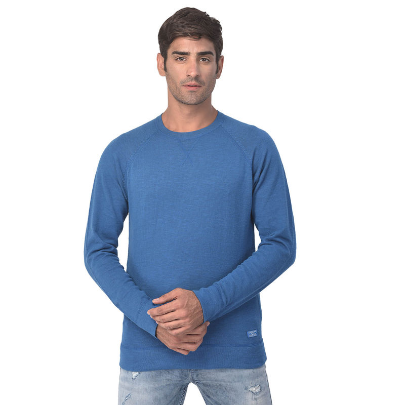 WOODLAND Mens Solid Full Sleeves Blue Sweater (L)
