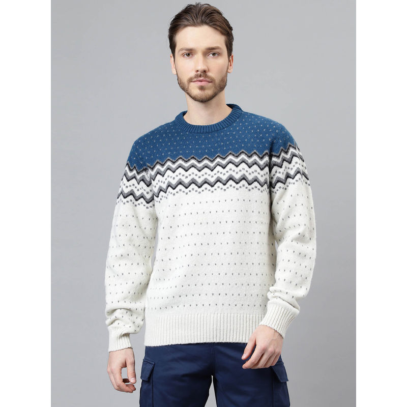 WOODLAND Mens Self Design Full Sleeves Off White Sweater (XL)