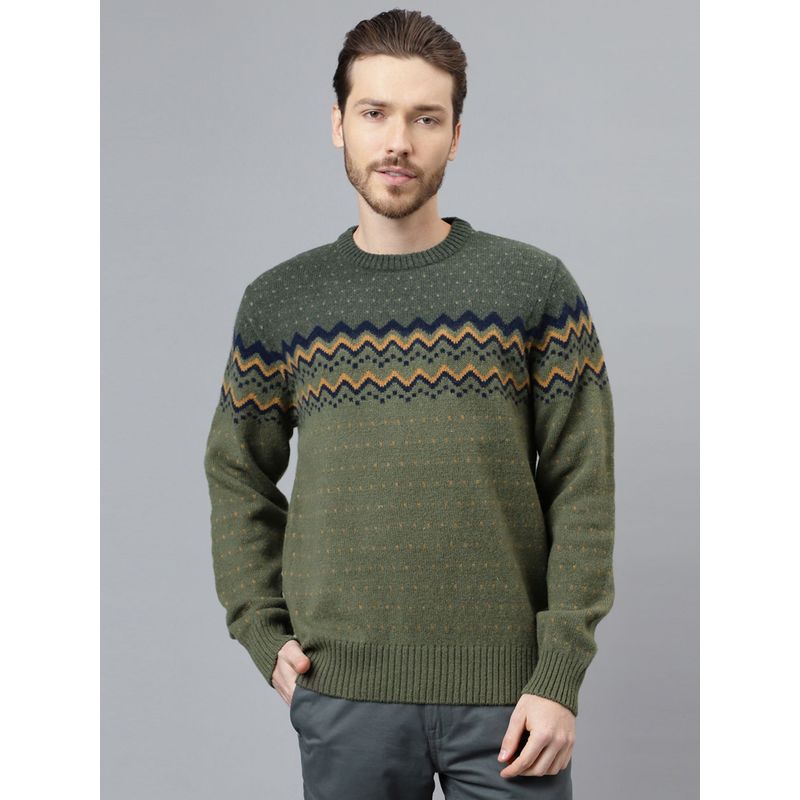 WOODLAND Mens Self Design Full Sleeves Olive Sweater (2XL)