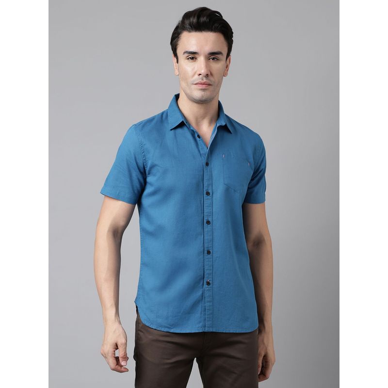 WOODLAND Mens Solid Half Sleeves Blue Casual Shirt (S)