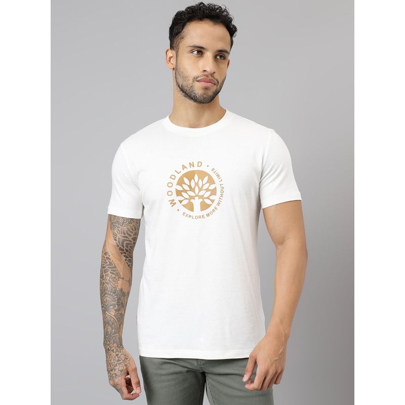 WOODLAND Mens Printed Half Sleeves White T-Shirt (S)