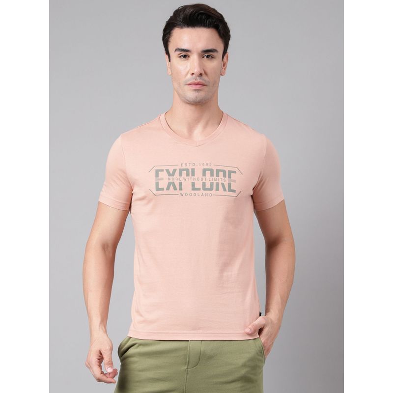 WOODLAND Mens Printed Half Sleeves Peach T-Shirt (L)