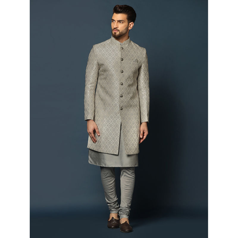 KISAH Men Grey Silk Blend Jacquard Kurta Indowestern Sherwani Churidar Set with Geometric Pattern (40)