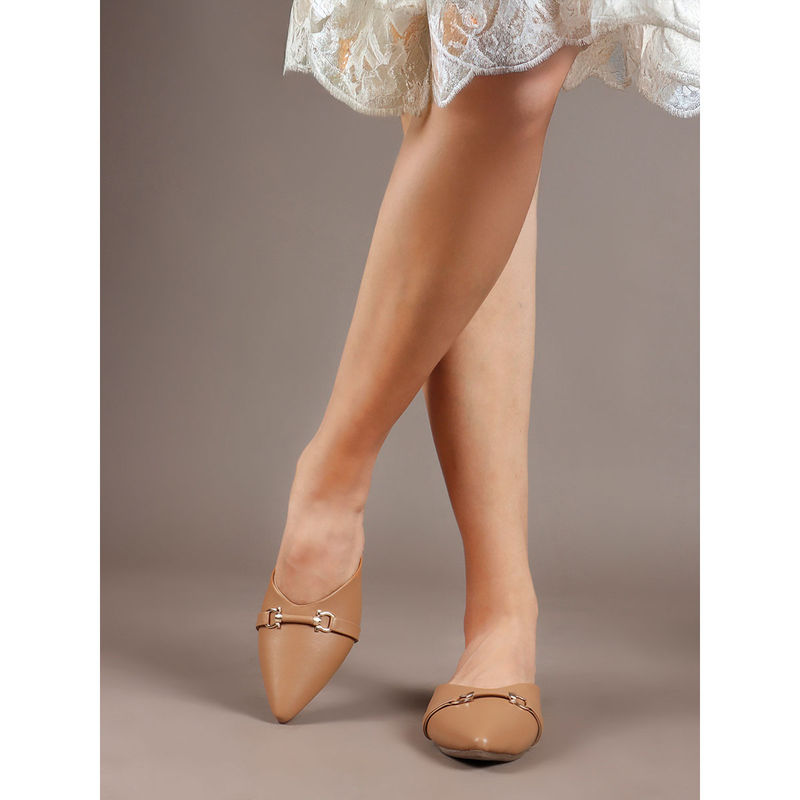 ELLE Tan Women's Pointed Toe Mules with Strap Detail (EURO 36)