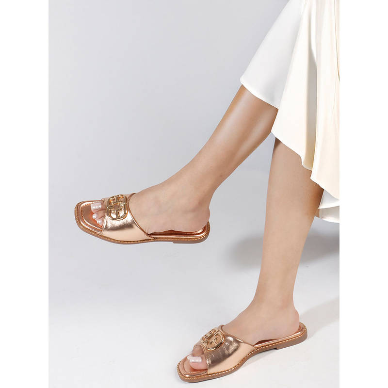ELLE Rose Gold Women's Sleek Slip-On Flats with Rose Gold Embellishment (EURO 36)