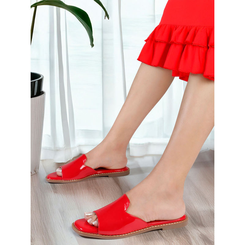 ELLE Red Women's Chic Glossy Slip-On Flats (EURO 36)