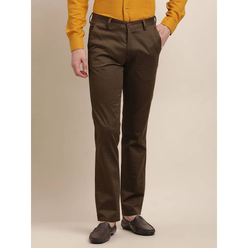 Turtle Men Cotton Stretch Checks Super Slim Fit Dark Brown Casual Trouser (30)