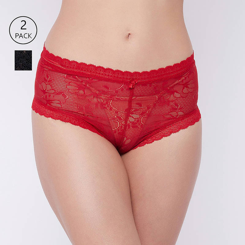 Secrets by Zerokaata Women Pack Of 2 Assorted Self Design Lace Boy Shorts Briefs (M)