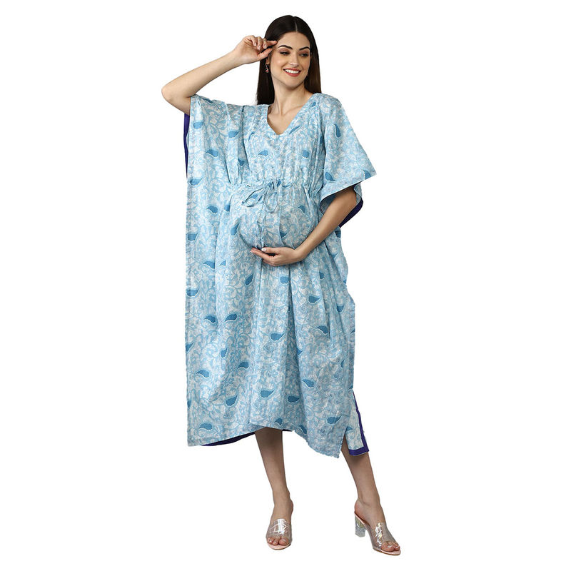 Floral Print Blue Cotton Maternity Kaftan Full Length