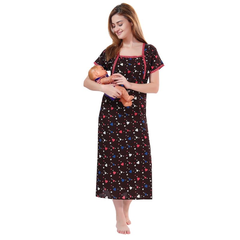 PIU Womens Cotton Maternity-Feeding Nighty Brown (XL)