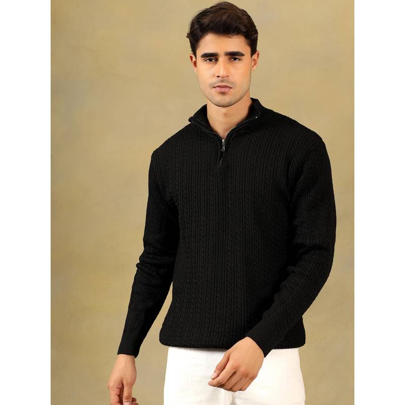 Kvetoo Men Black Acrylic Textured Regular Fit Sweater (M)