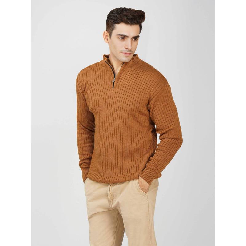 Kvetoo Men Mustard Acrylic Textured Regular Fit Sweater (L)