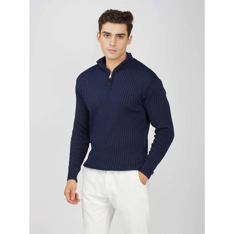 Kvetoo Men Navy Blue Acrylic Textured Regular Fit Sweater (M)