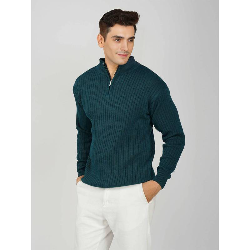 Kvetoo Men Teal Acrylic Textured Regular Fit Sweater (M)