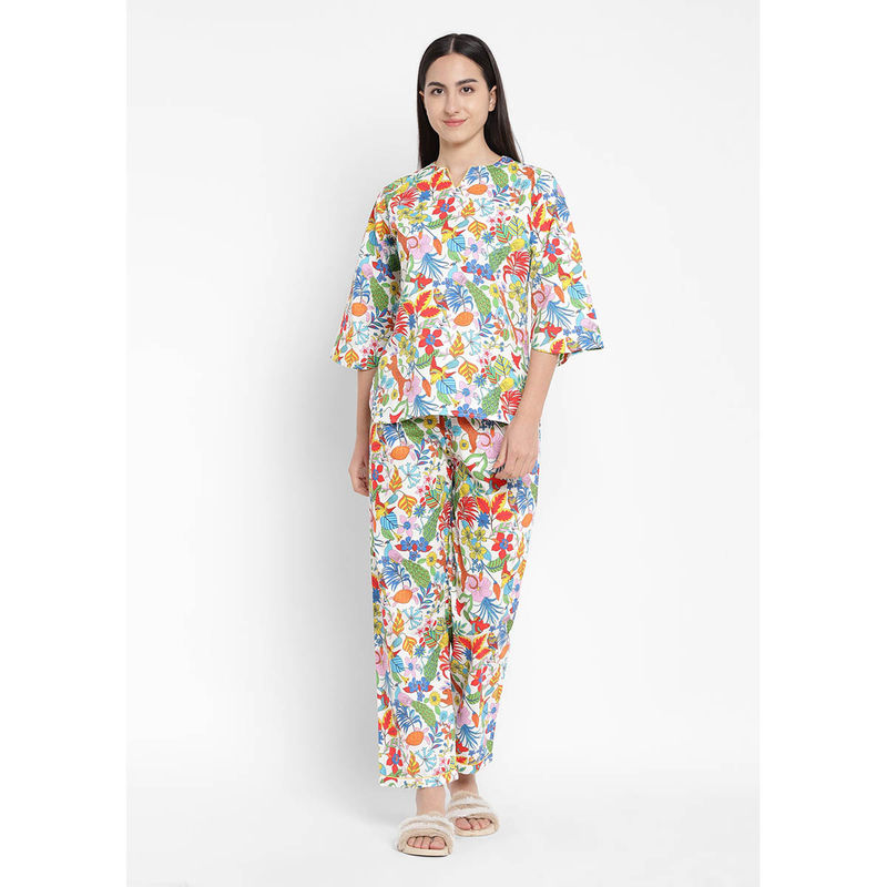 Shopbloom Bird Print V Neck 3/4th Sleeve Womens Night Suit (Set of 2) (XS)