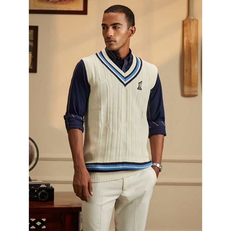 Peter England Men Cream V Neck Sleeveless Sweater with Soft Touch (L)