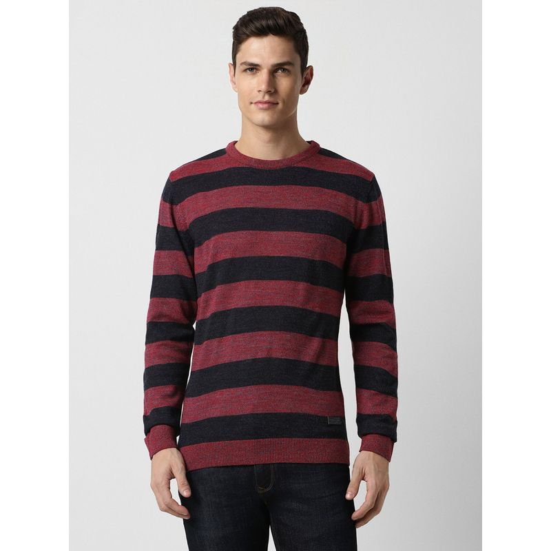 Peter England Men Pink Stripe Crew Neck Sweater (M)