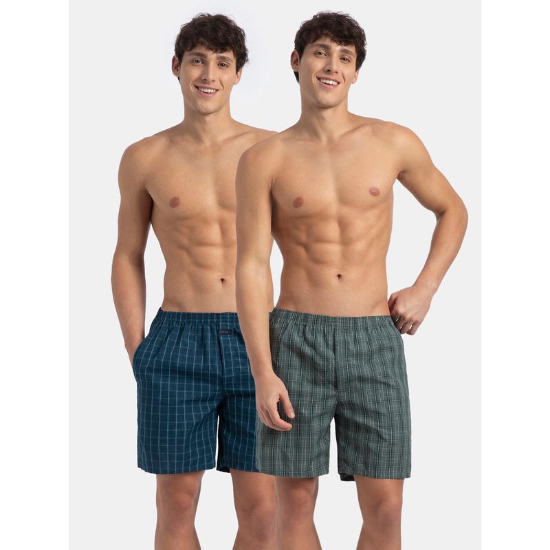 Jockey 1223 Men Cotton Checkered Boxer Shorts-Dark Forest and Seaport Teal (Pack Of 2) (L)