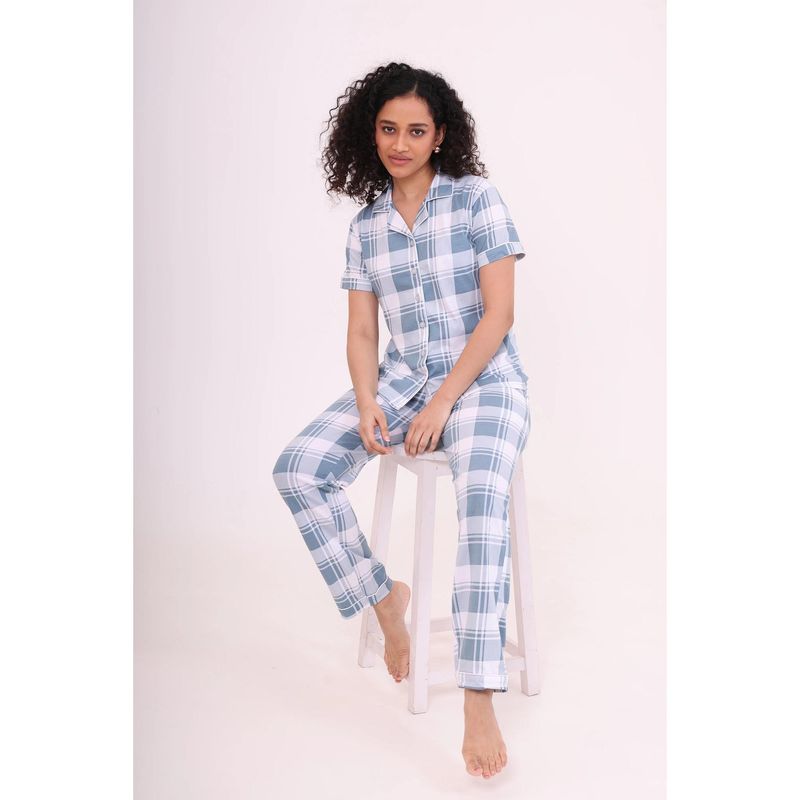 NAP STORY Azure Checks Half Sleeve Shirt And Pyjama (S)