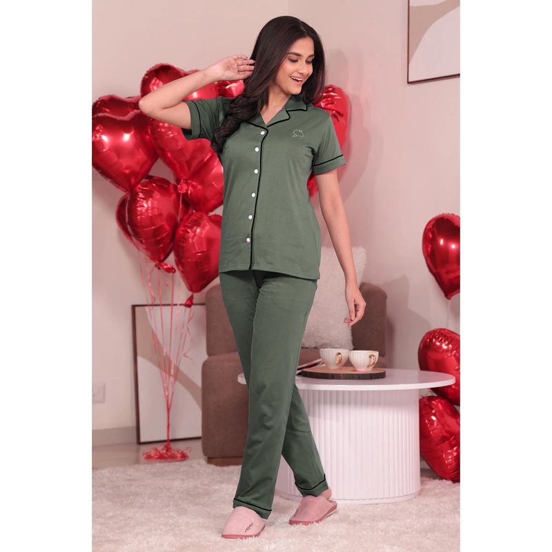 NAP STORY Olive Solid Half Sleeve Shirt And Pyjama (S)