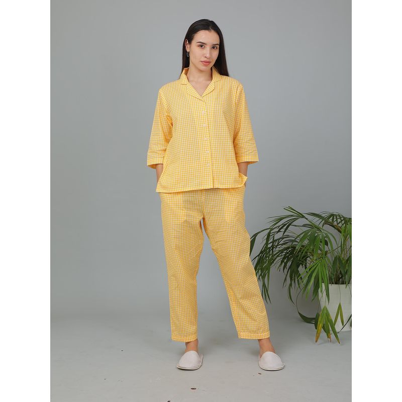 BREATH:ABLES Women Cotton Checks Nightsuit Yellow (S/M)