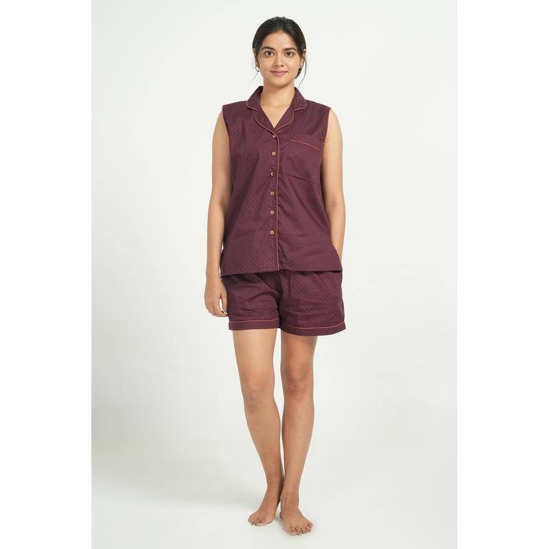 BREATH:ABLES Women Cotton Co-Ord Set Night Wear Maroon (S/M)