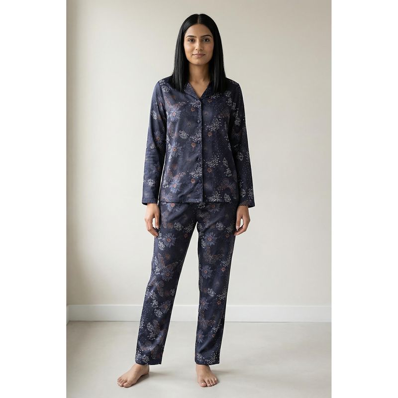 Zivame Knit Cotton Nightsuit - Navy Peony (XL)