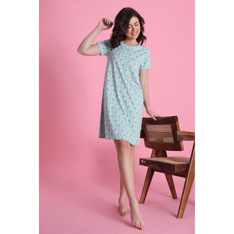 Zivame Knit Cotton Mid Length Nightdress - Pale Aqua (XL)