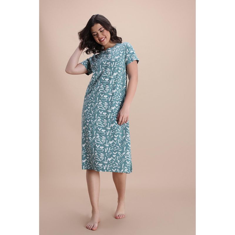 Zivame Knit Cotton Mid Length Nightdress - Blue Surf (XL)