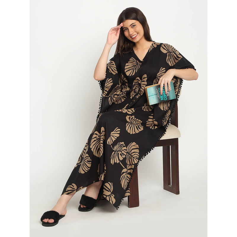Sweet Dreams Black Floral Regular Fit Kaftan Night Dress (L)