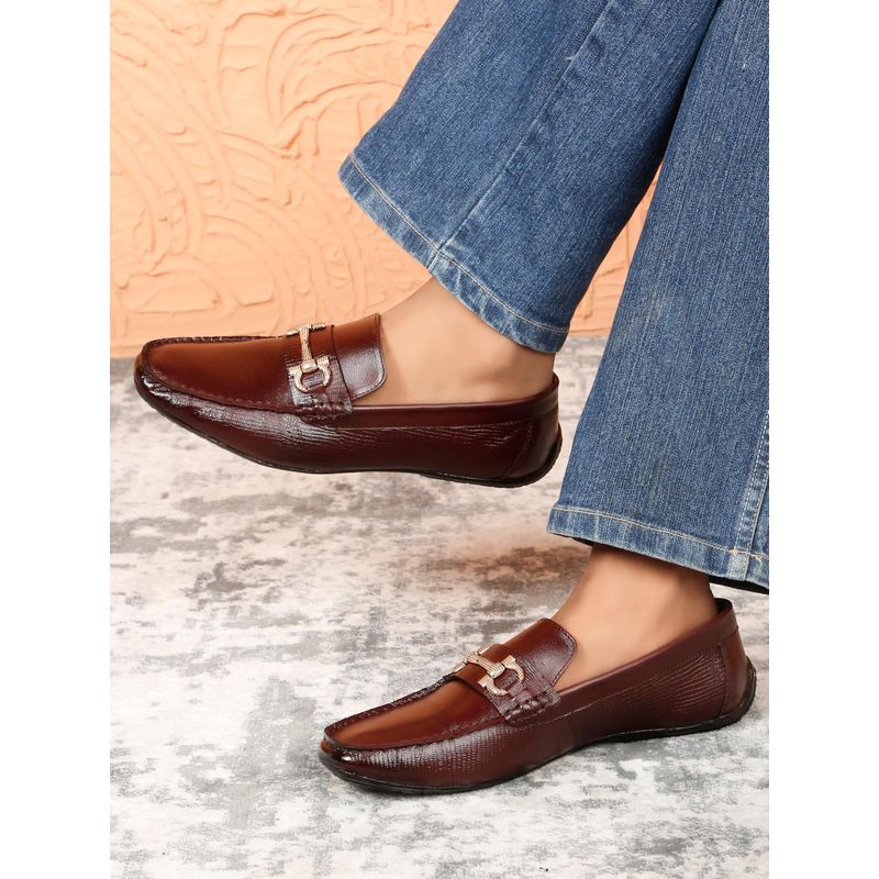 Teakwood Men'S Tmoro Brown Leather Textured Horse Bit Loafers (UK 7)