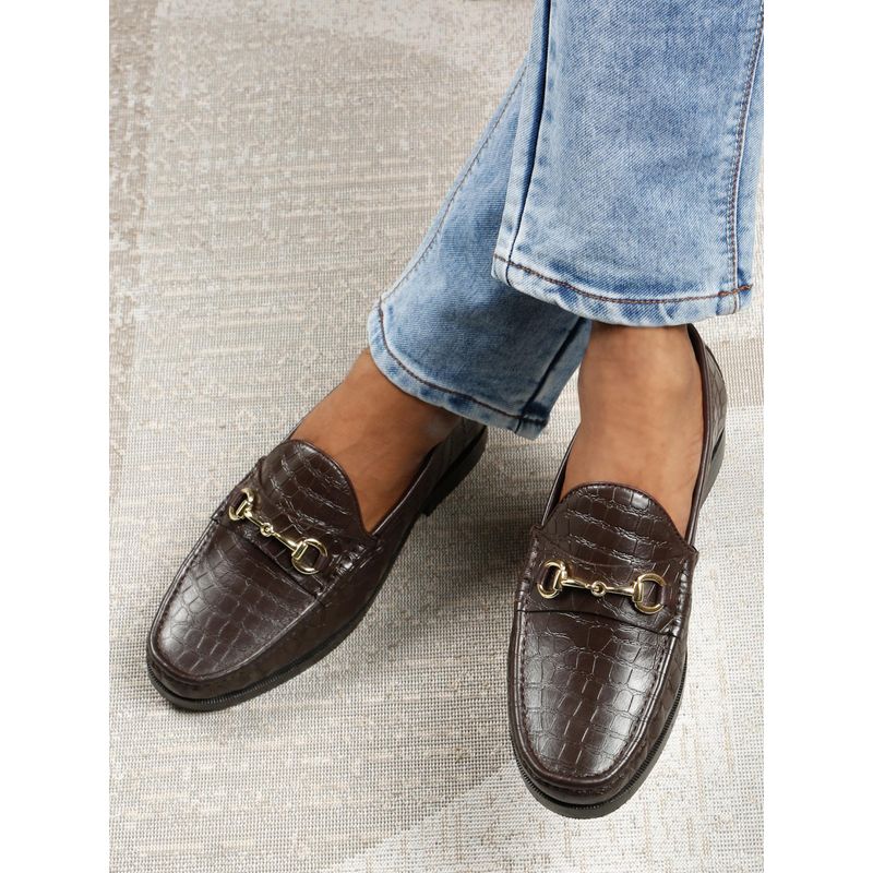 Teakwood Men'S Brown Croco-Textured Leather Horse Bit Loafers (UK 6)