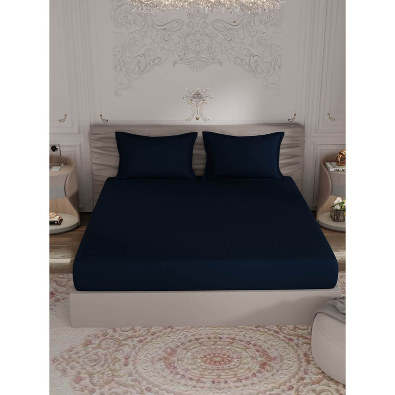 Rosara Home Navy Blue Solid 400 Tc Queen Bedsheet with Pillow Covers