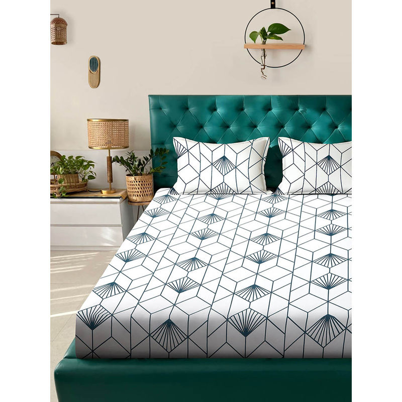Rosara Home Navy Blue Geometric 144 Tc King Bedsheet with Pillow Covers