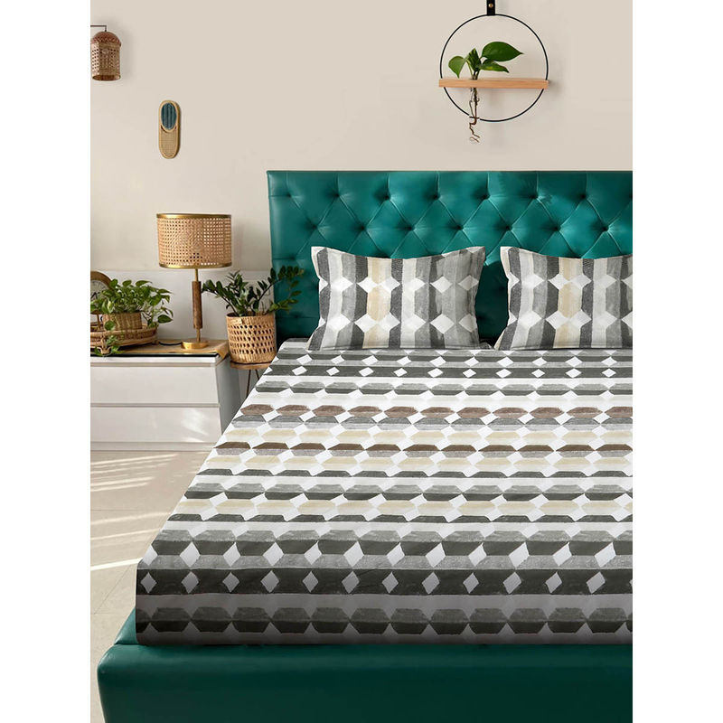 Rosara Home Grey Geometric 144 Tc Queen Bedsheet with Pillow Covers