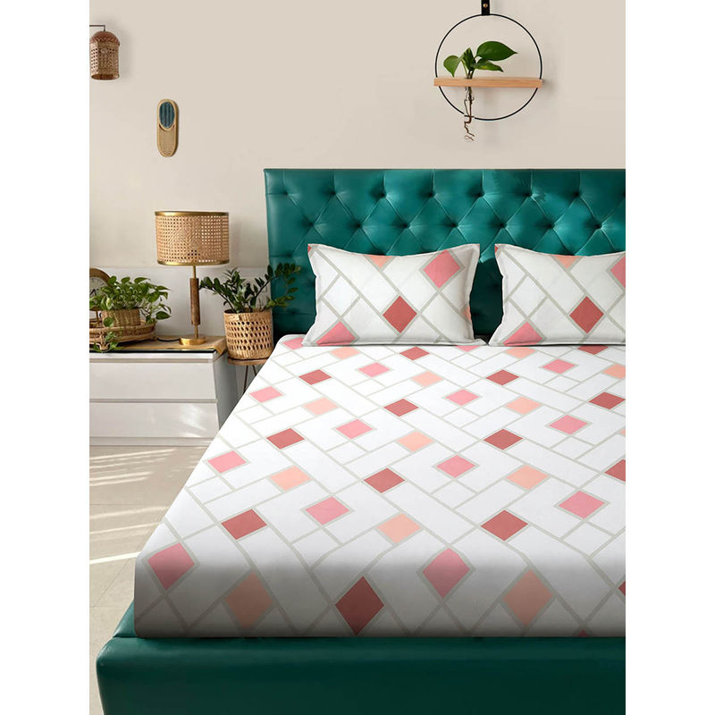 Rosara Home Pink Geometric 144 Tc Queen Bedsheet with Pillow Covers