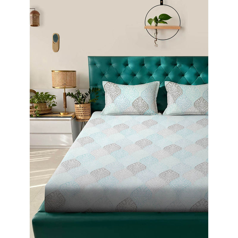 Rosara Home Light Blue Ethnic 144 Tc King Bedsheet with Pillow Covers