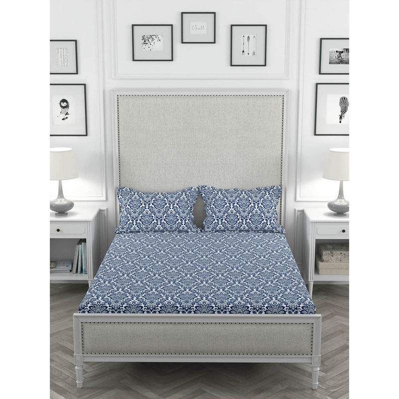 Rosara Home Navy Blue Floral 200 Tc King Bedsheet with Pillow Covers