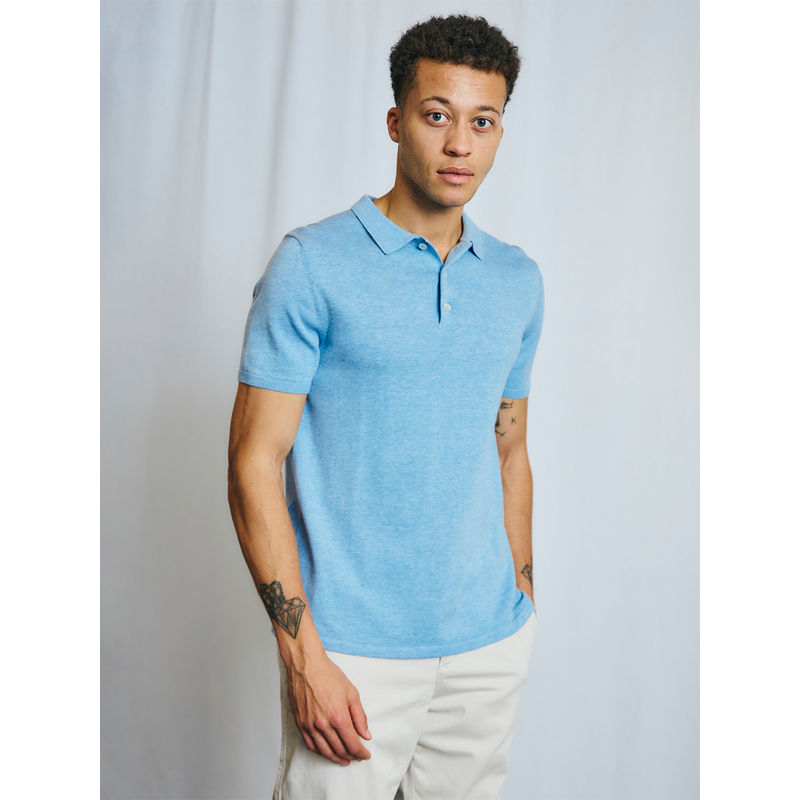 Bruun & Stengade Men Blue Solid Collar Neck Half Sleeve Polo T-Shirt (S)